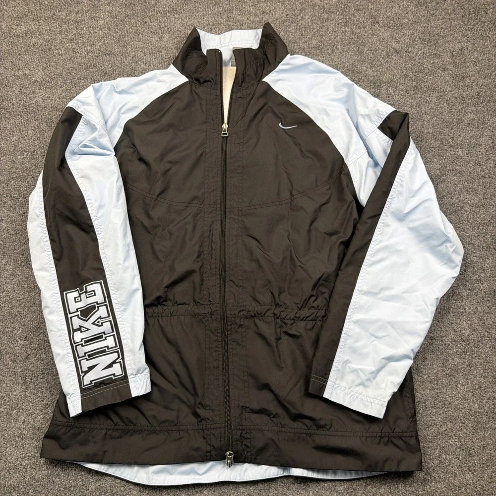 Nike Windbreaker Jacket Mens L‎ Black Blue Full Zip Vintage Y2K Swoosh
